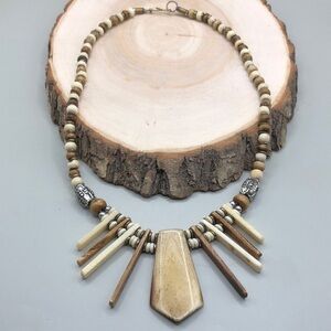 Vintage artisan rustic bone tribal statement style necklace handcrafted.